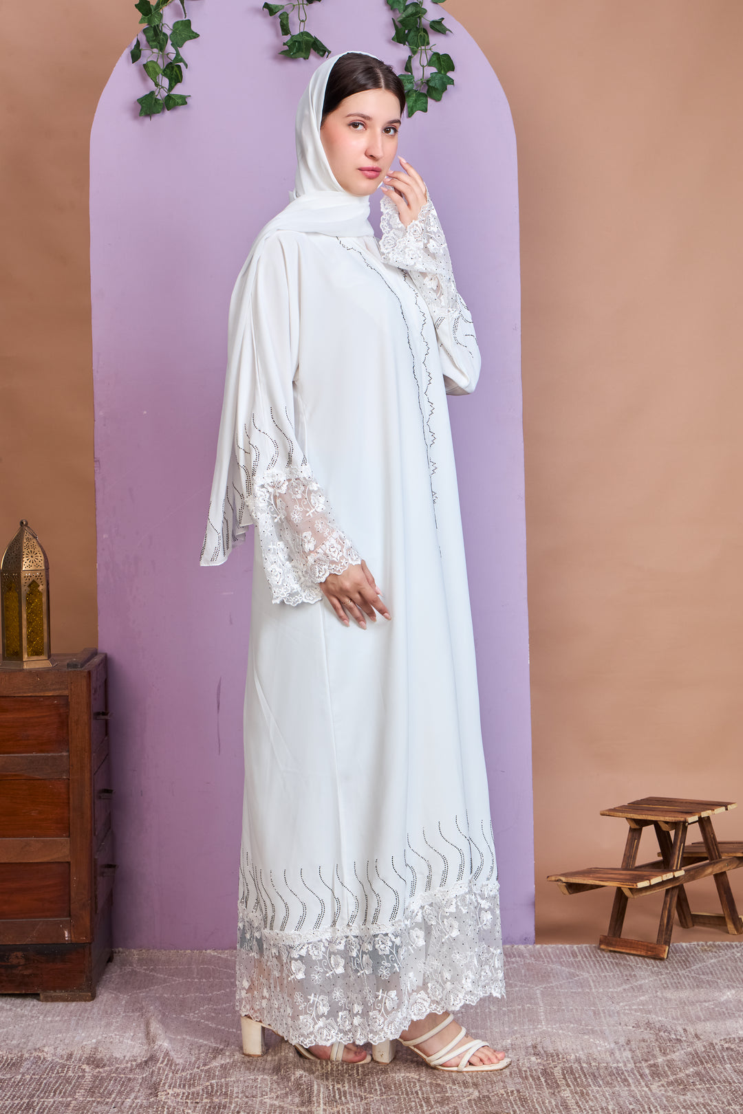 Ivory White Abaya with Floral Lace and Crystal Wave Detailing