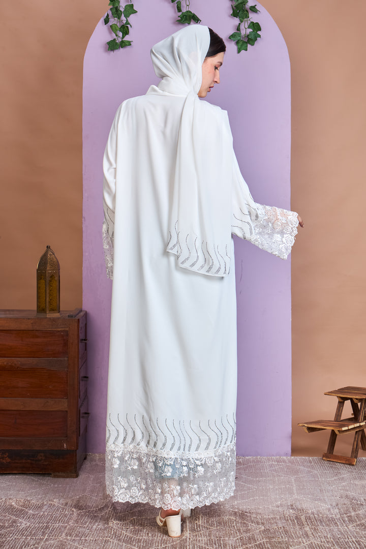 Ivory White Abaya with Floral Lace and Crystal Wave Detailing