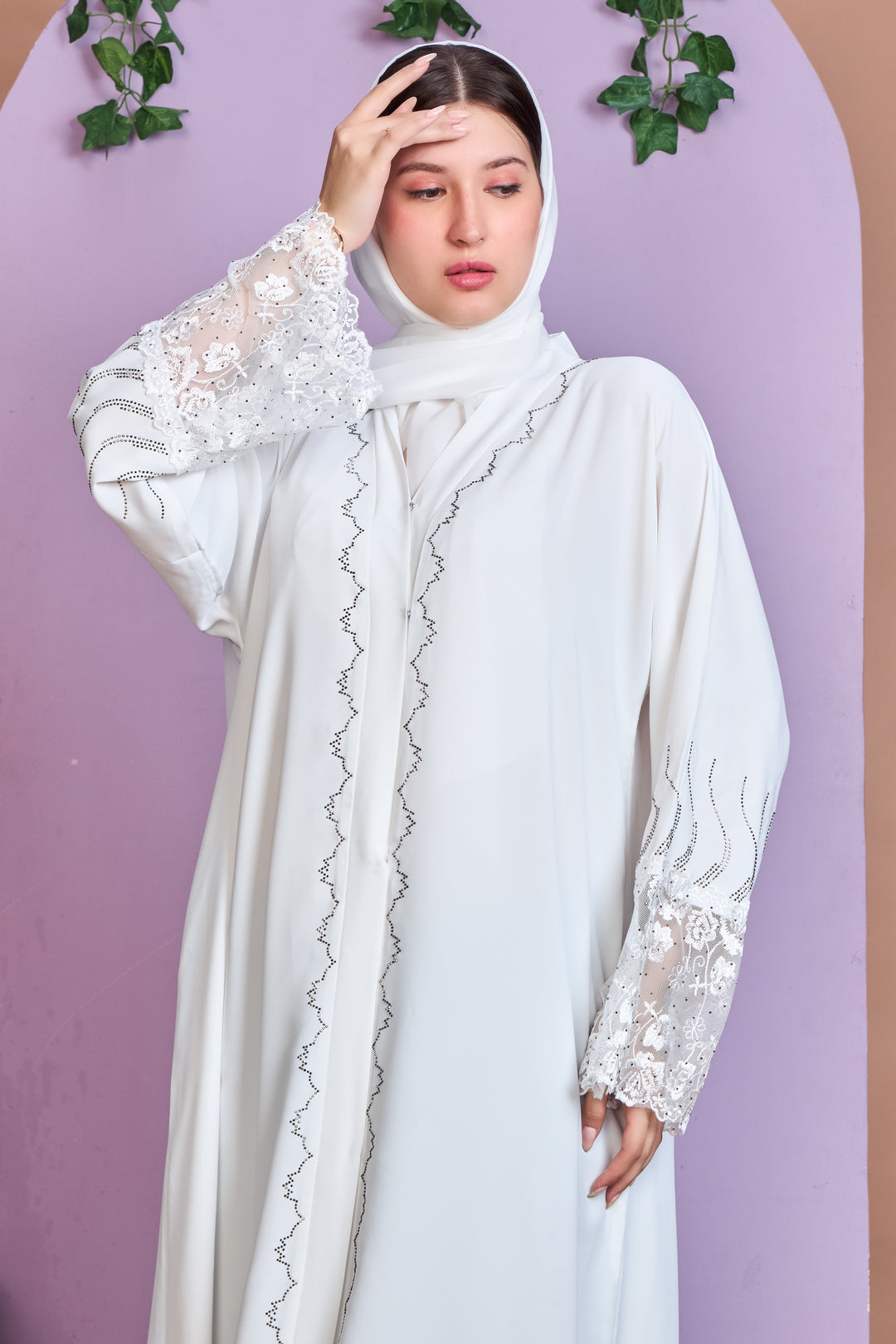 Ivory White Abaya with Floral Lace and Crystal Wave Detailing