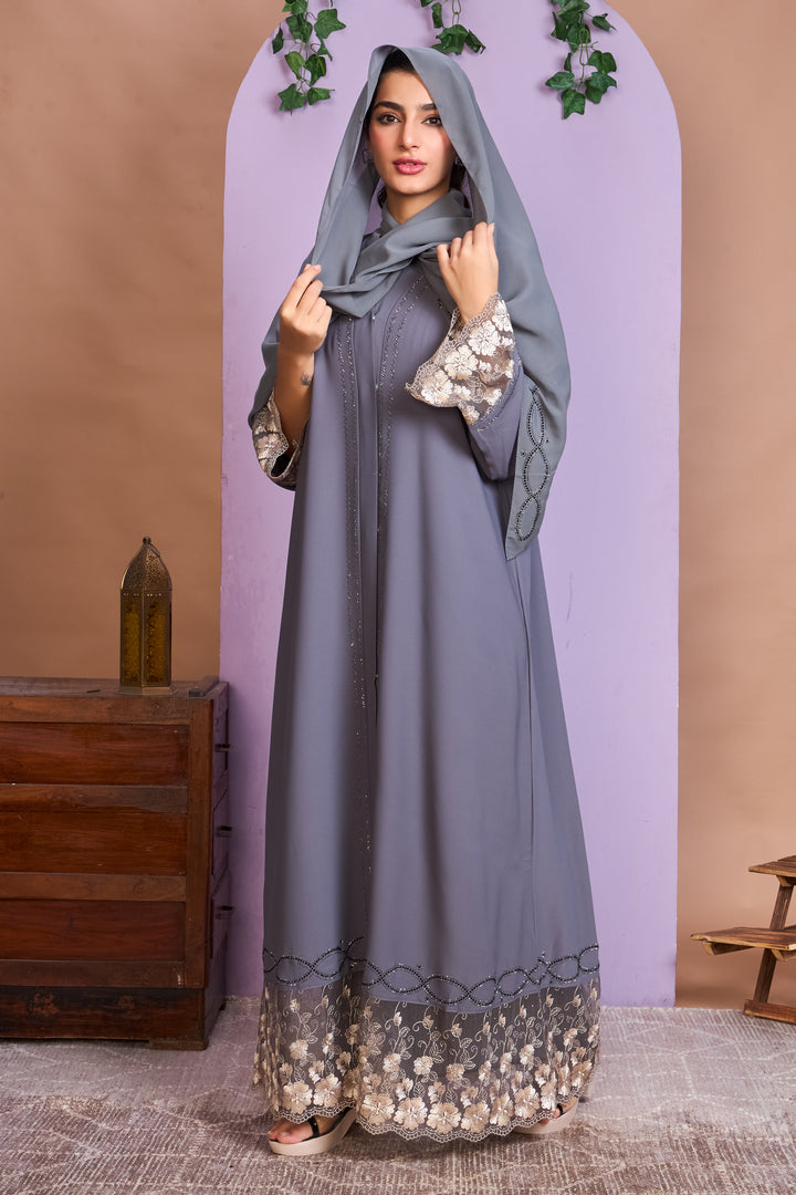 Smokey Grey Abaya with Golden Floral Lace Embroidery