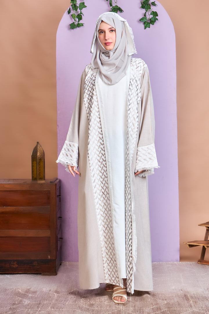 Beige & White Embroidered Open Abaya