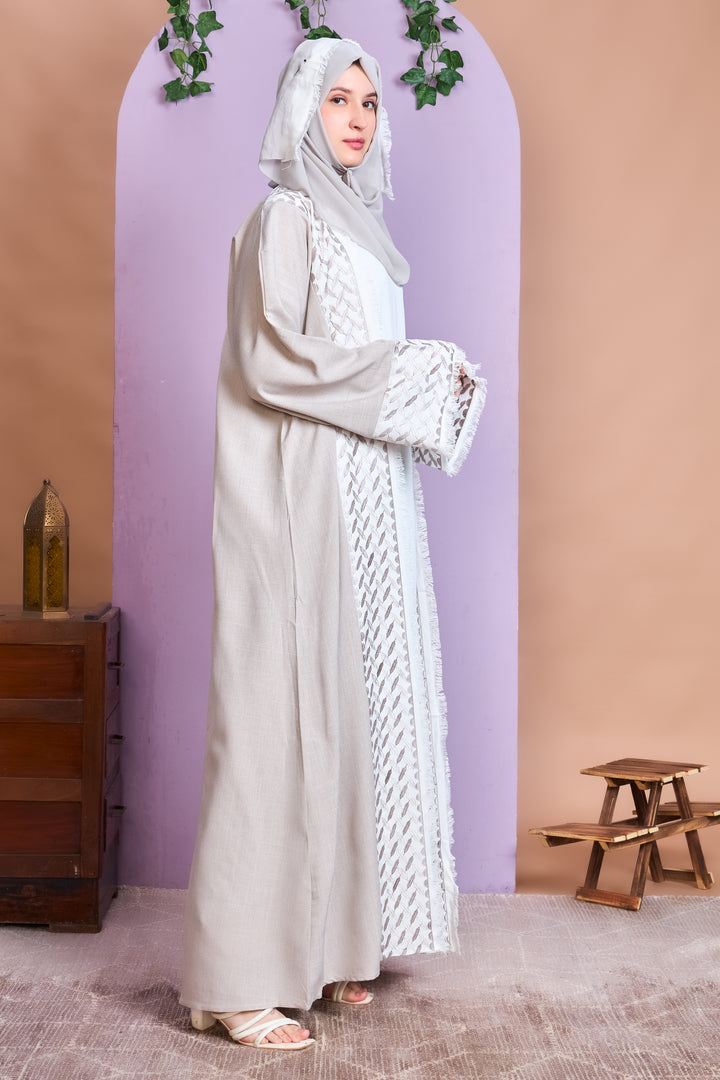 Beige & White Embroidered Open Abaya