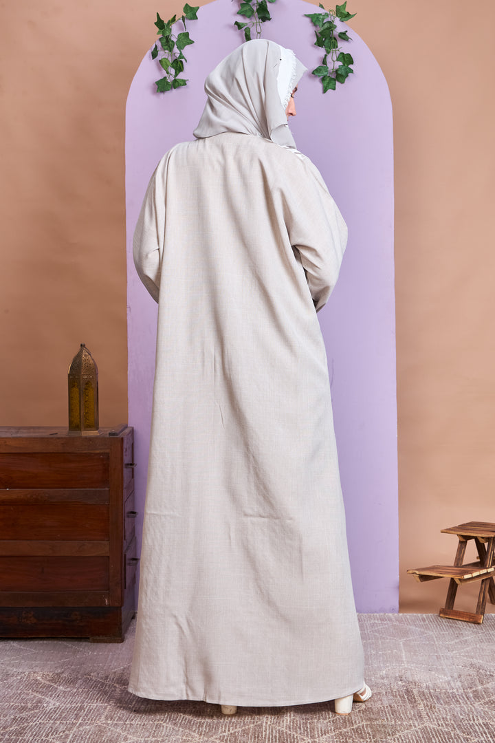 Beige & White Embroidered Open Abaya