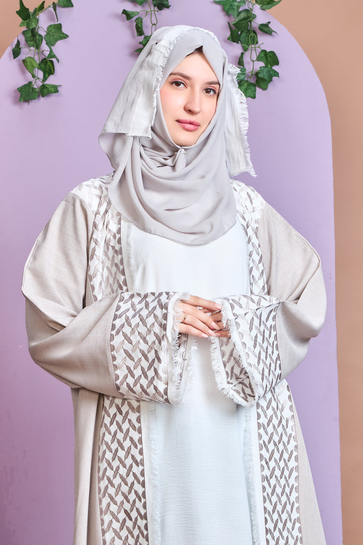 Beige & White Embroidered Open Abaya