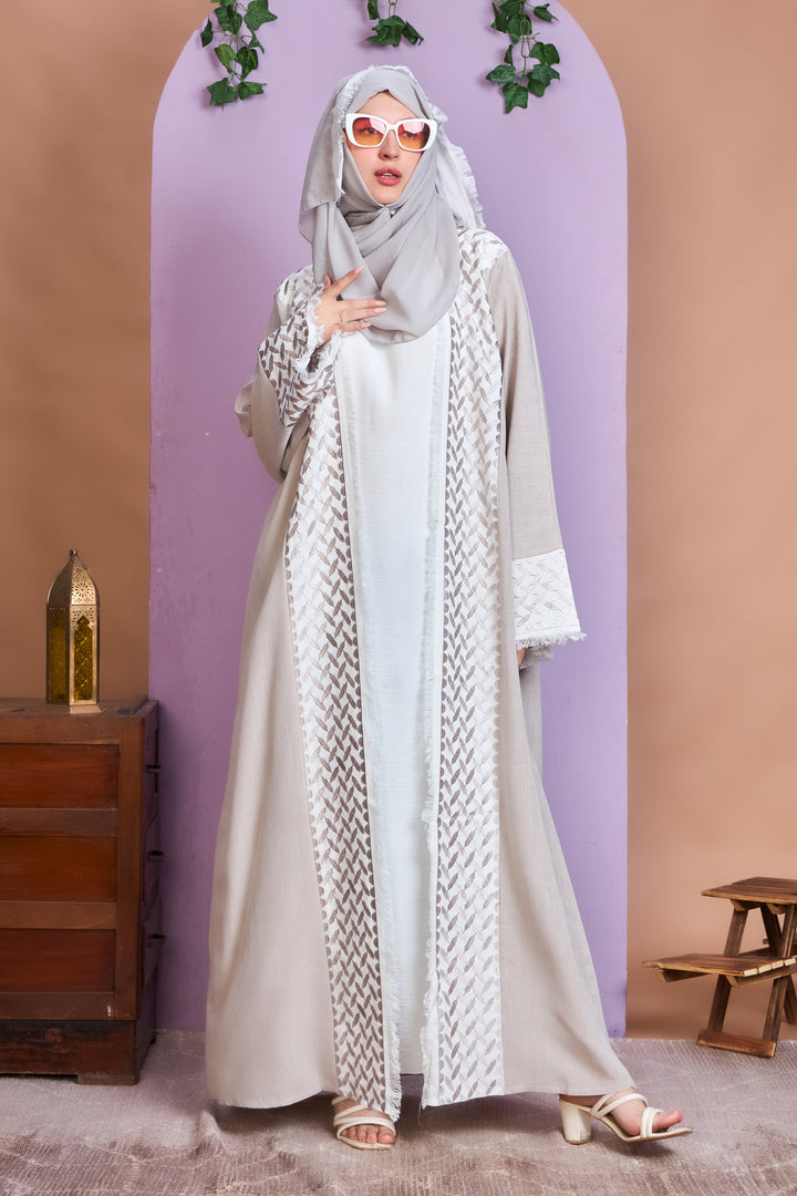 Beige & White Embroidered Open Abaya