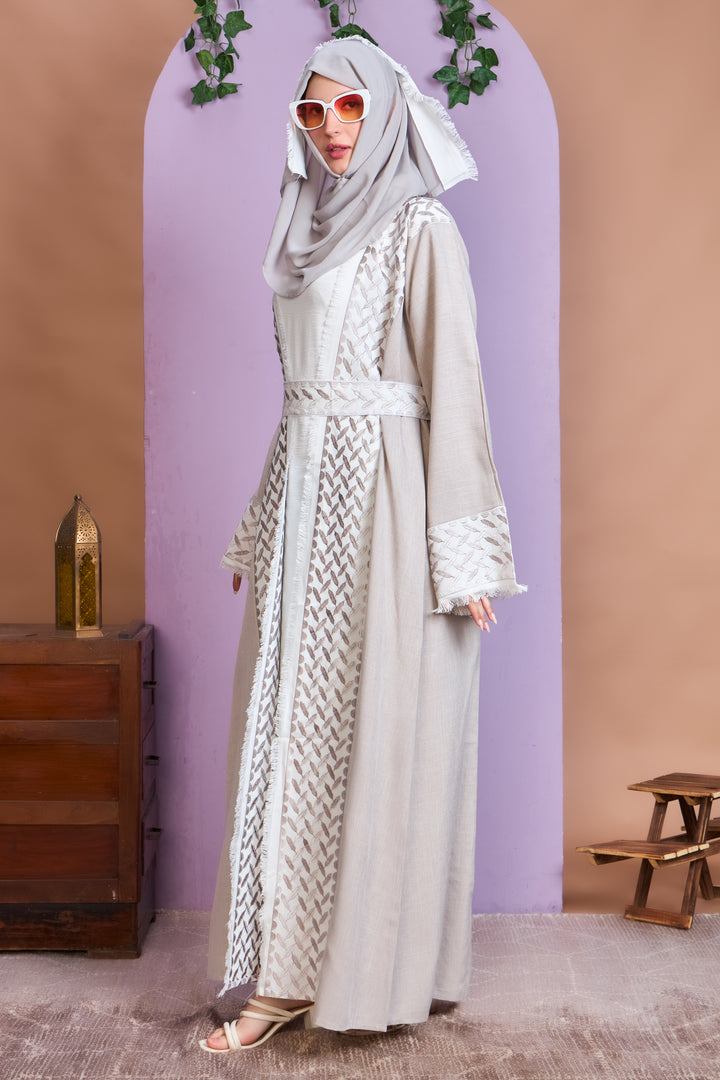 Beige & White Embroidered Open Abaya