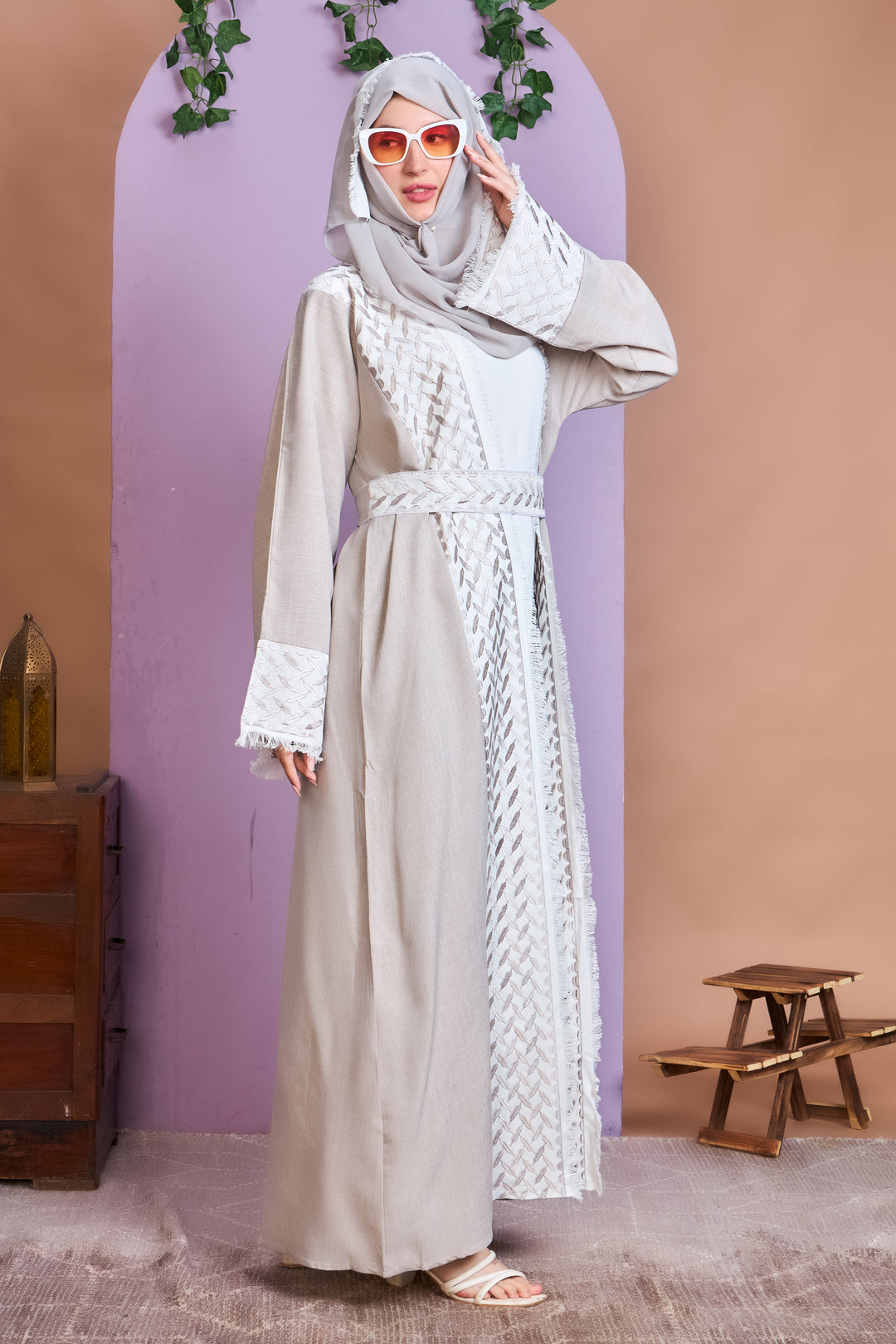 Beige & White Embroidered Open Abaya