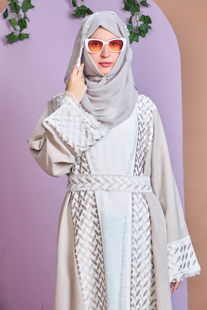 Beige & White Embroidered Open Abaya