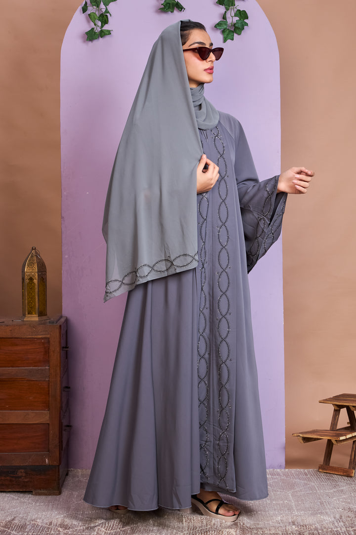 Ash Grey Abaya with Loop Stone Detailing