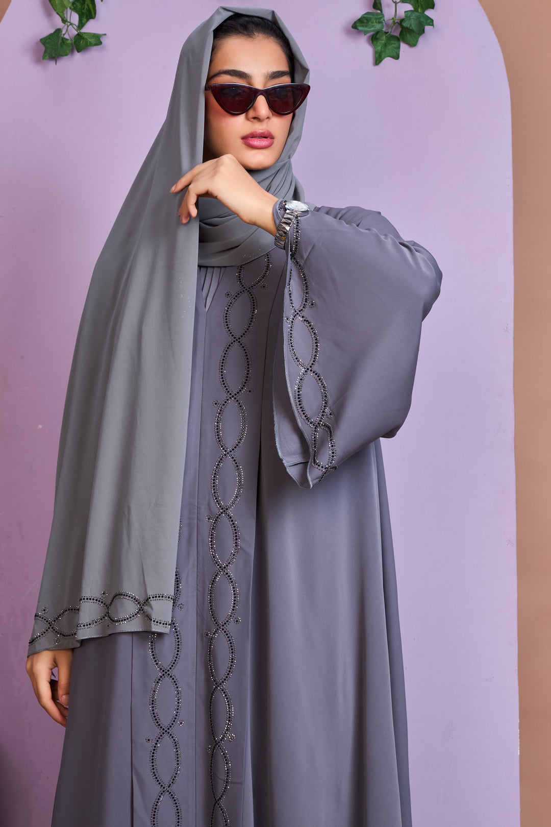 Ash Grey Abaya with Loop Stone Detailing
