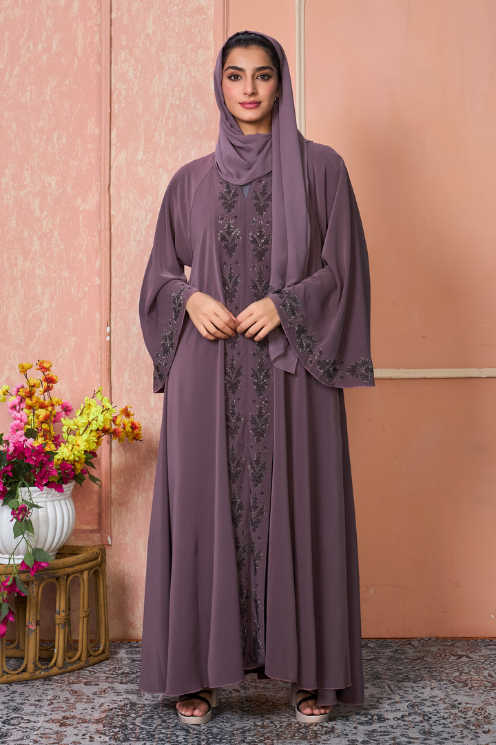 Plum Embellished Abaya with Leaf Motif Detailing