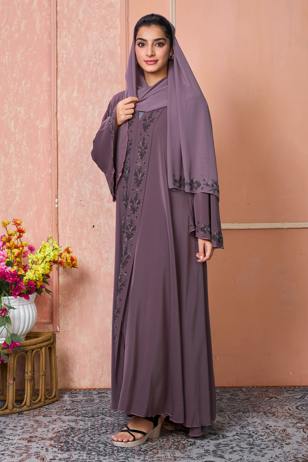 Plum Embellished Abaya with Leaf Motif Detailing
