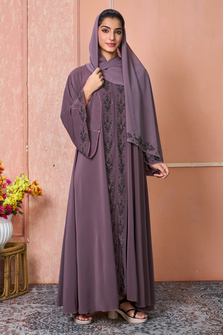 Plum Embellished Abaya with Leaf Motif Detailing