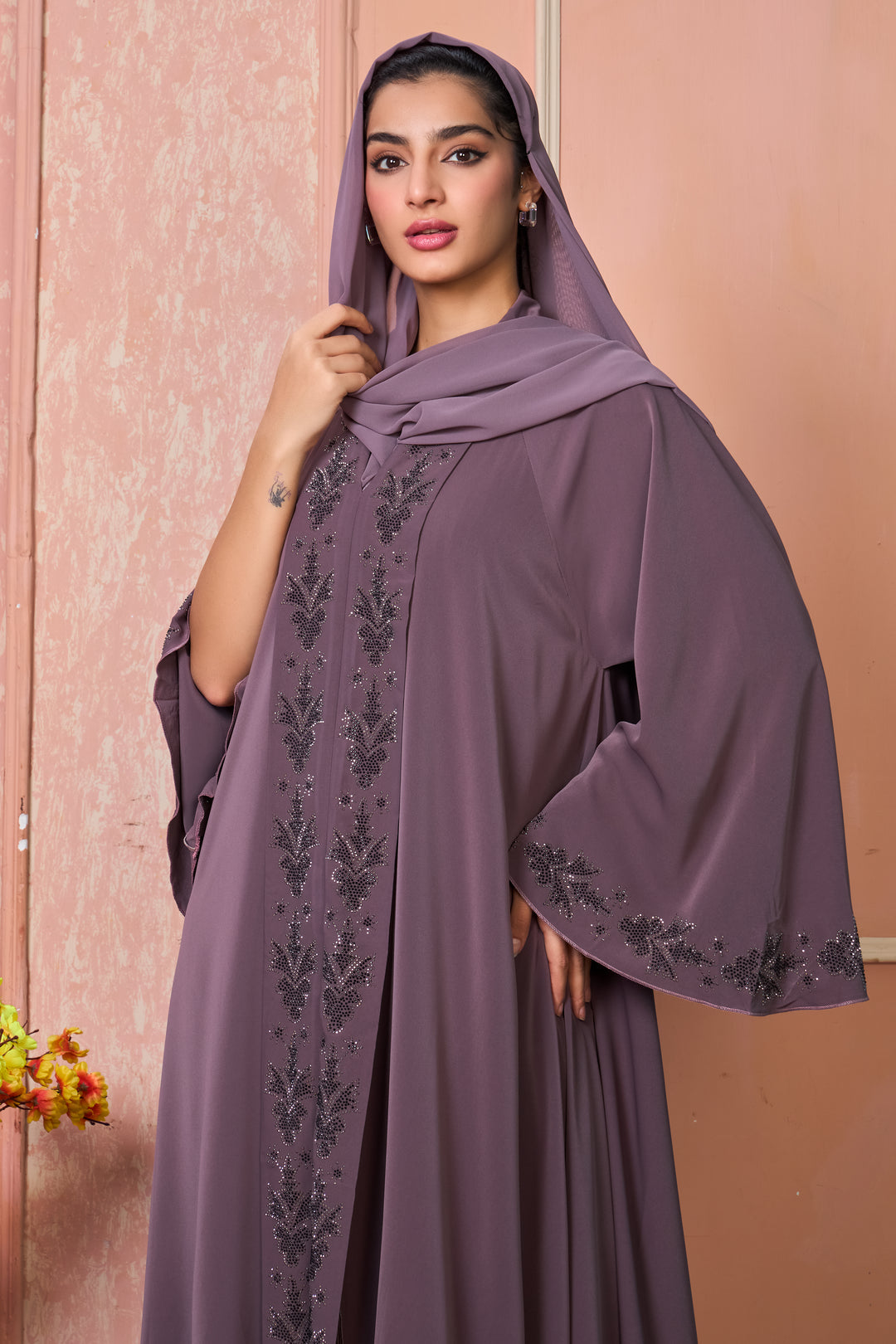 Plum Embellished Abaya with Leaf Motif Detailing