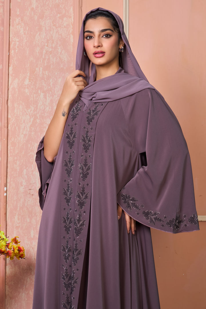 Plum Embellished Abaya with Leaf Motif Detailing