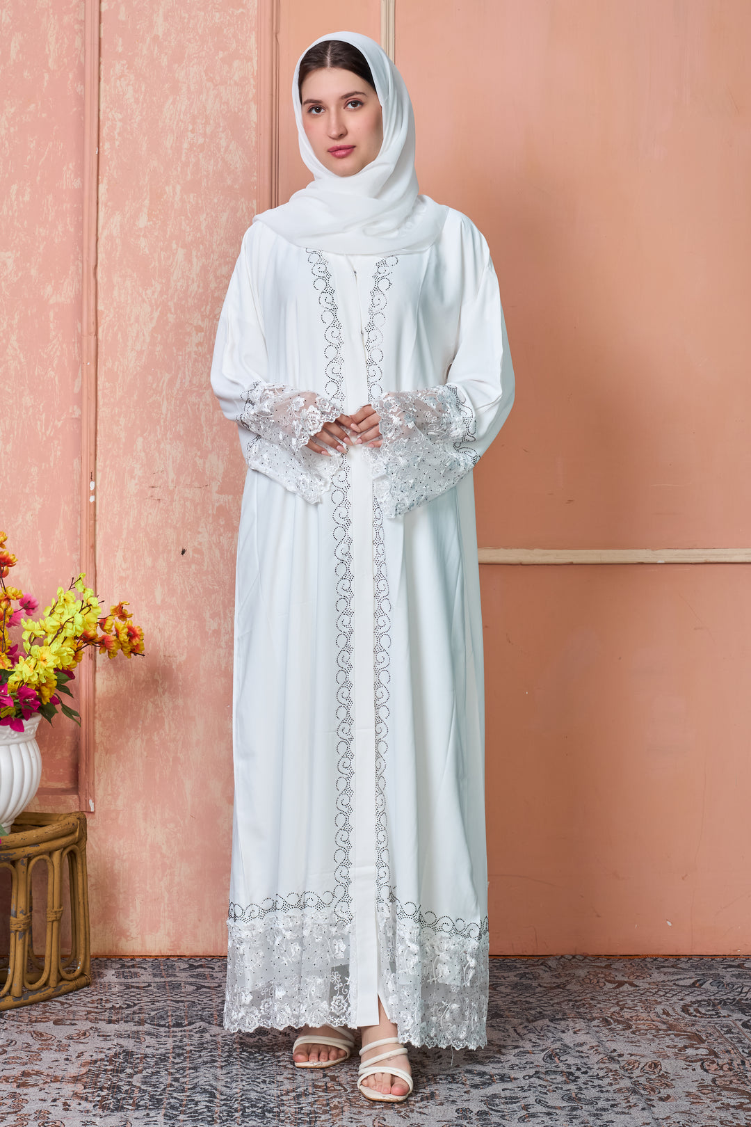Pearl White Abaya with Scalloped Lace and Crystal Border Detailing Pearl White Abaya with Scalloped Lace and Crystal Border Detailing