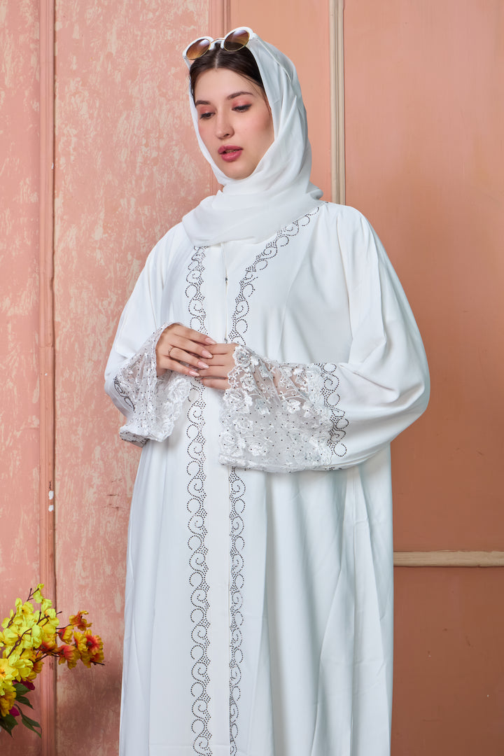 Pearl White Abaya with Scalloped Lace and Crystal Border Detailing