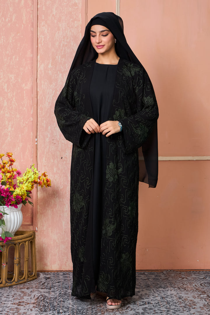 Black Open Abaya with Green Thread Embroidery