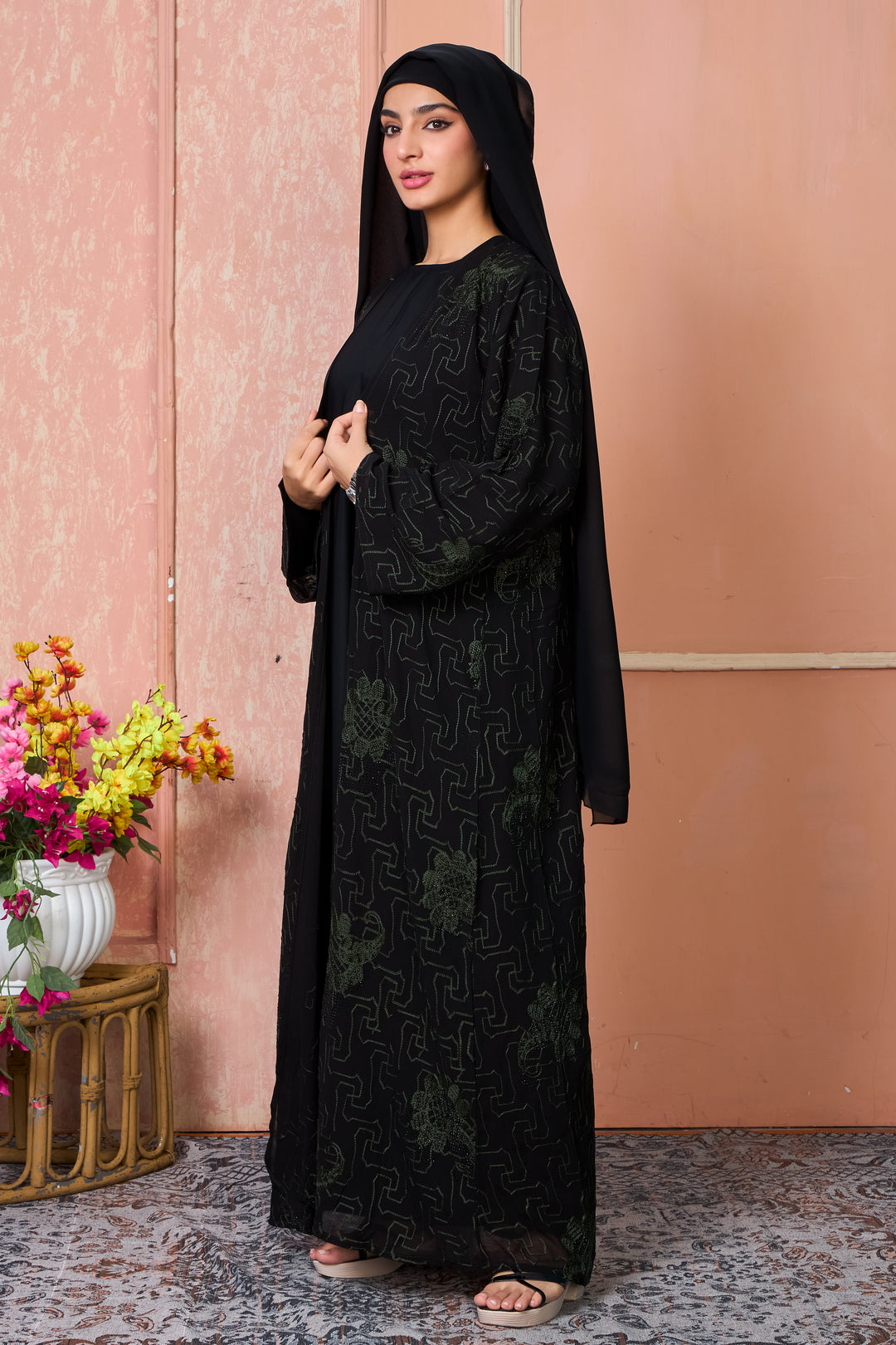 Black Open Abaya with Green Thread Embroidery