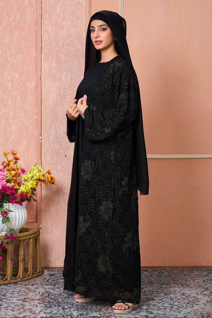 Black Open Abaya with Green Thread Embroidery