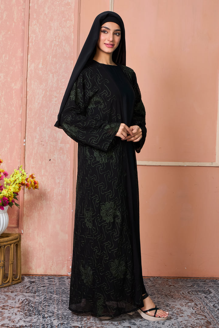 Black Open Abaya with Green Thread Embroidery