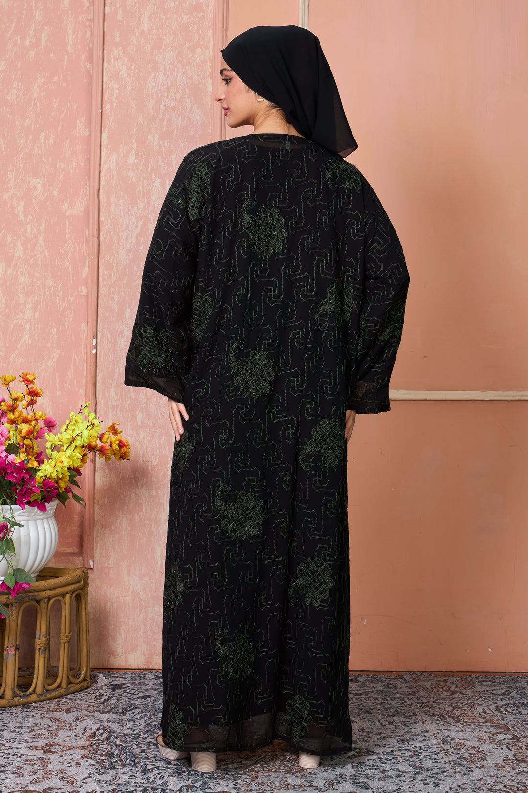 Black Open Abaya with Green Thread Embroidery