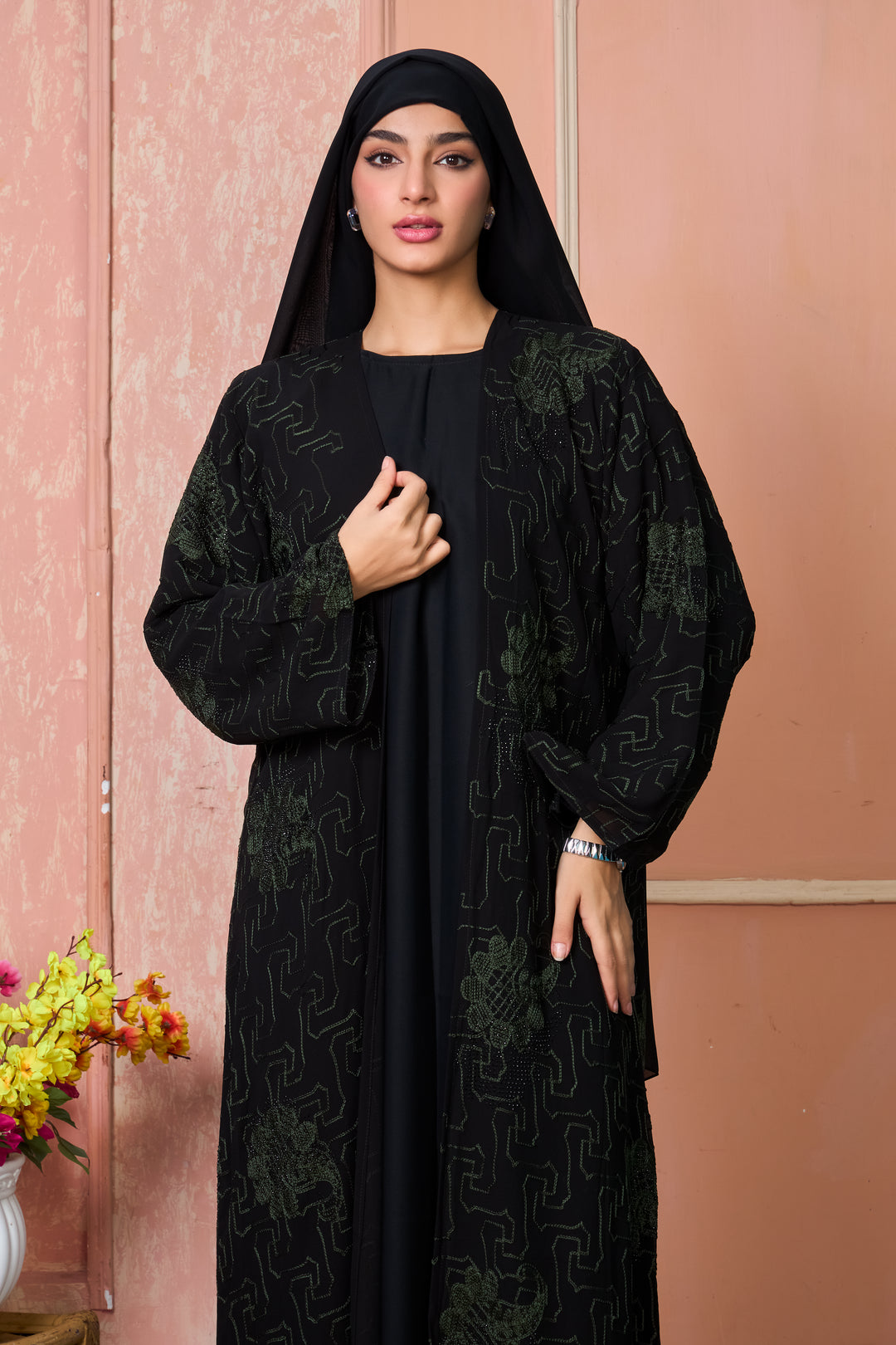 Black Open Abaya with Green Thread Embroidery