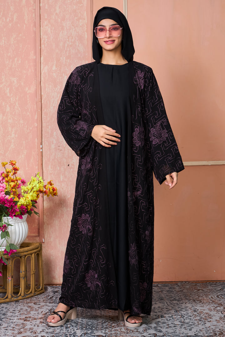 Black Open Abaya with Purple Thread Embroidery
