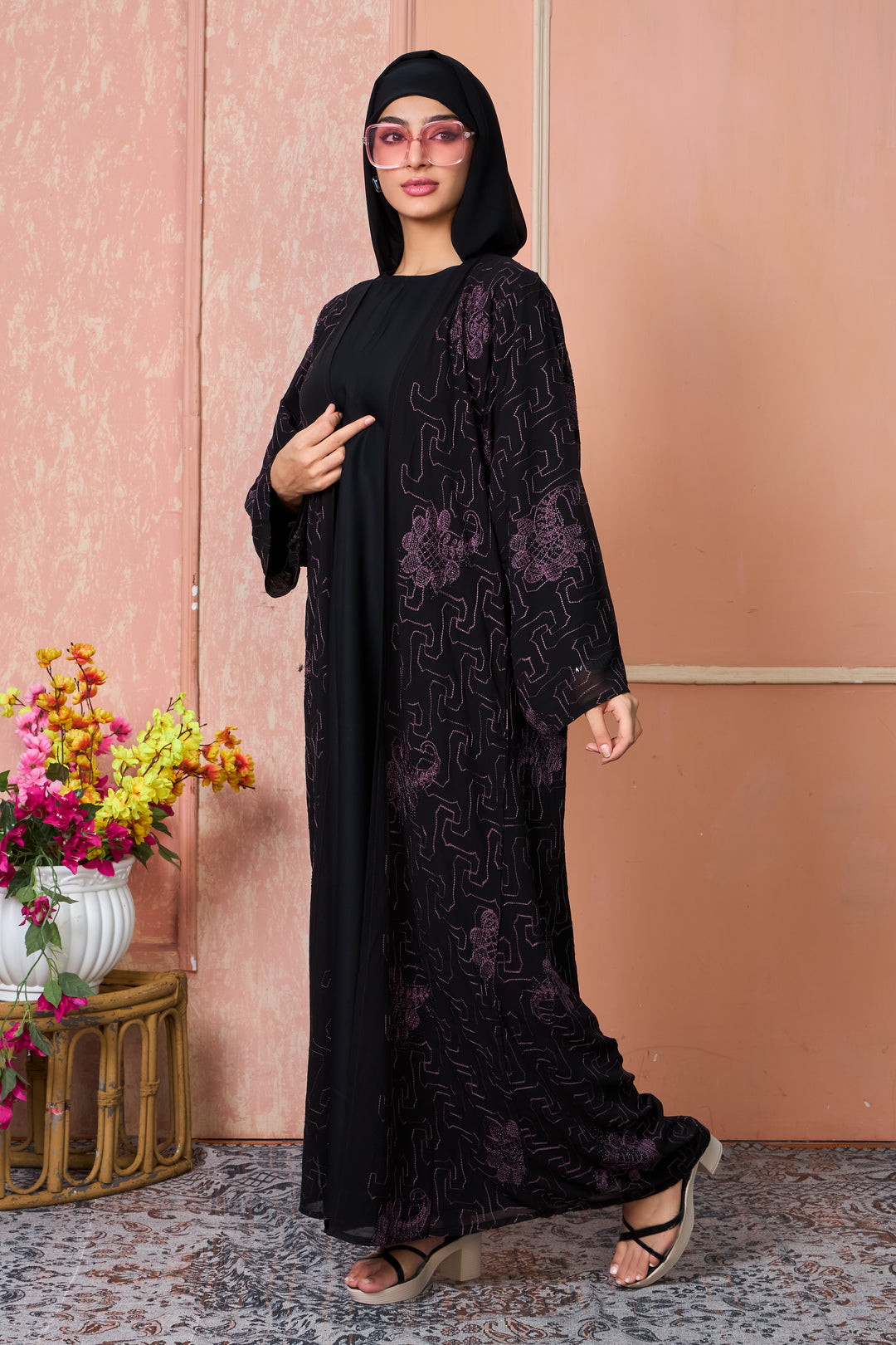 Black Open Abaya with Purple Thread Embroidery