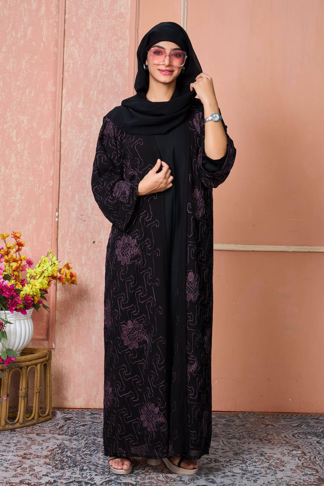 Black Open Abaya with Purple Thread Embroidery
