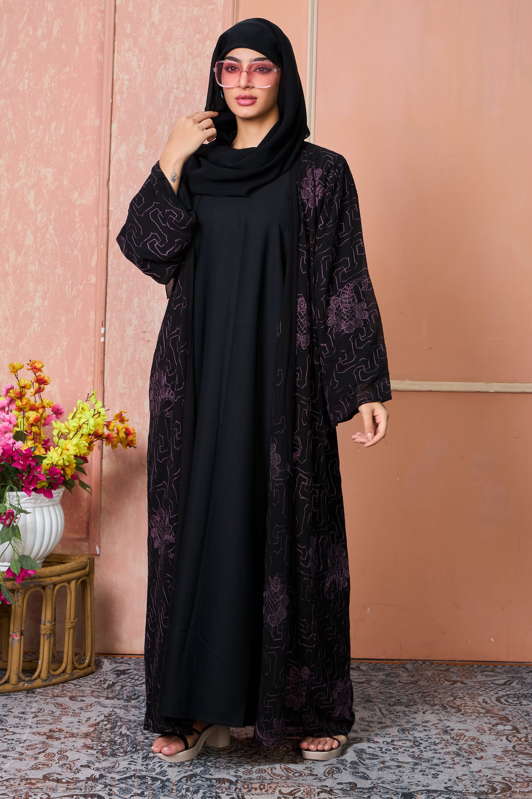 Black Open Abaya with Purple Thread Embroidery
