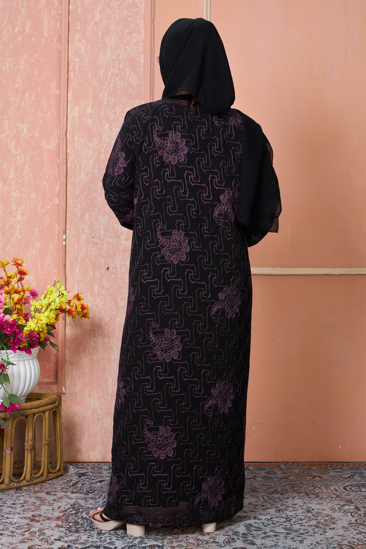 Black Open Abaya with Purple Thread Embroidery
