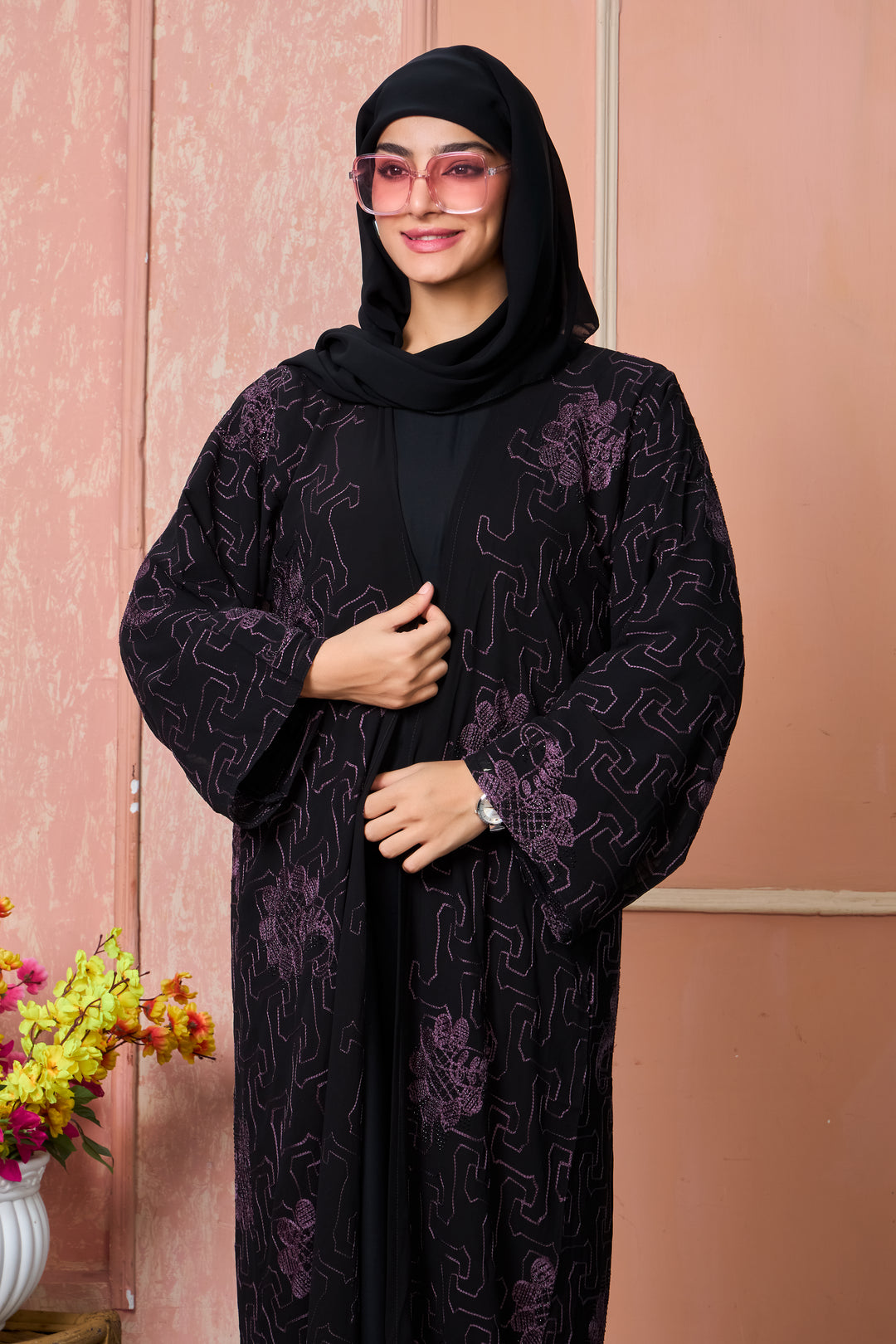 Black Open Abaya with Purple Thread Embroidery