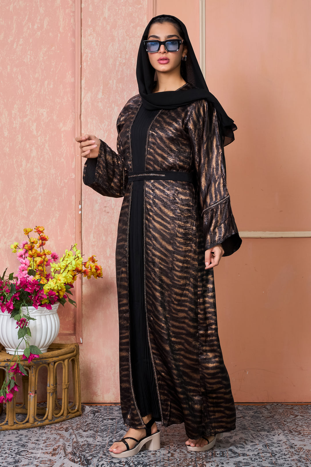 Metallic Tiger-Print Open Abaya