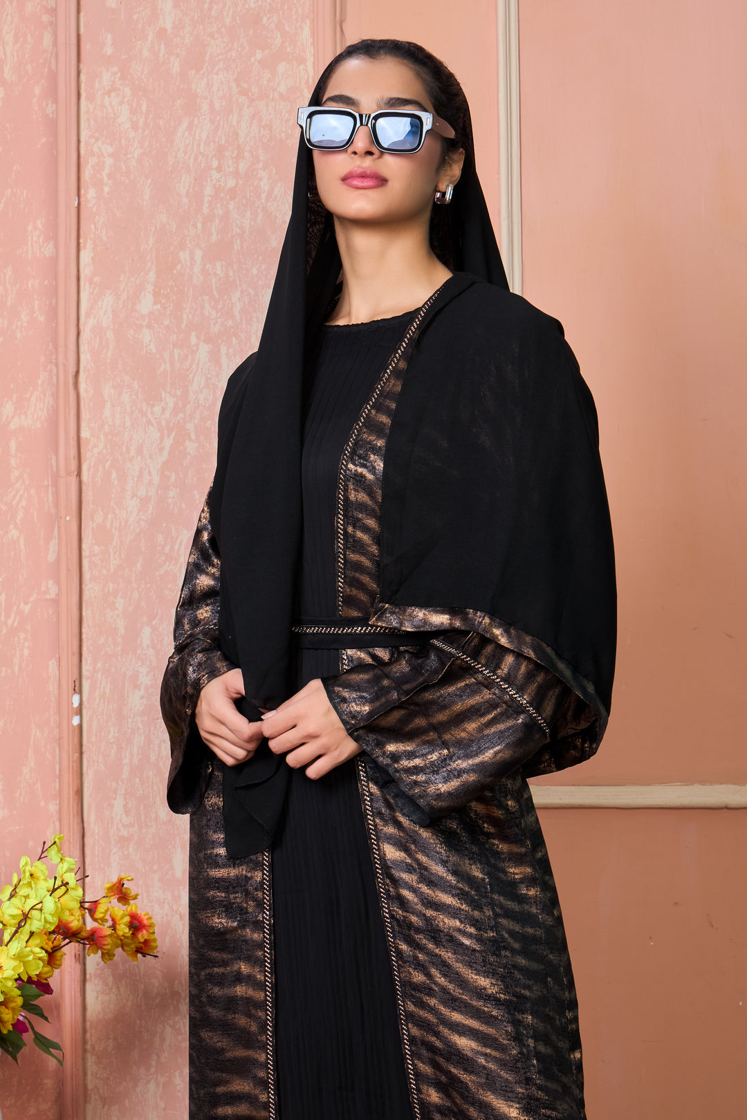 Metallic Tiger-Print Open Abaya