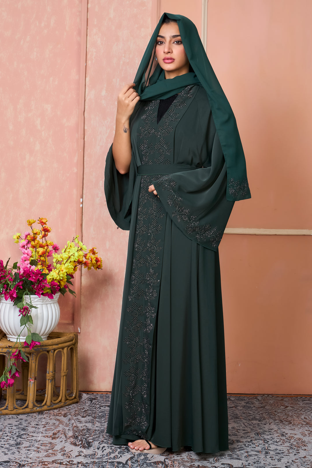 Emerald Noir Embellished Abaya