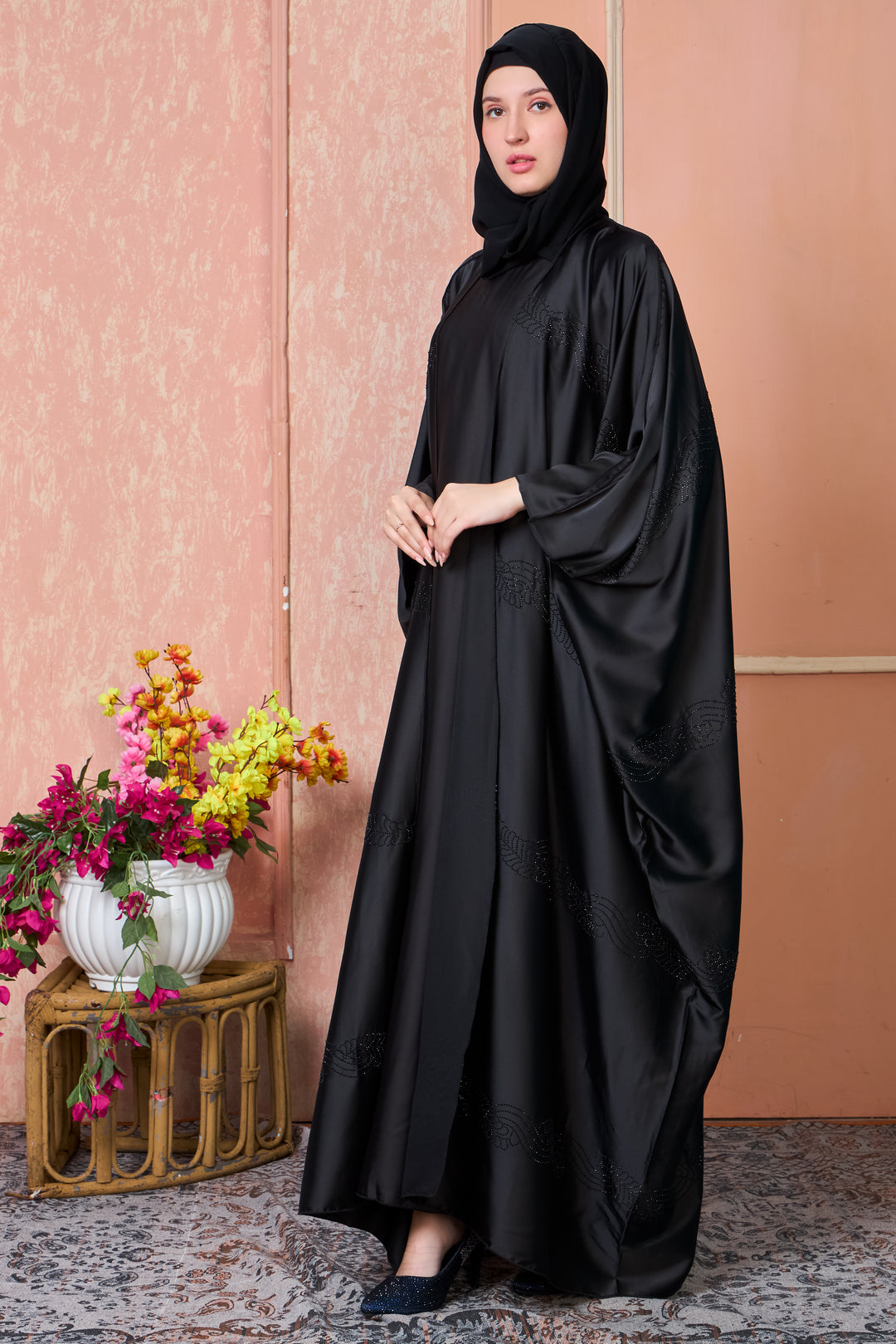 Elegant Black Cape Abaya Set