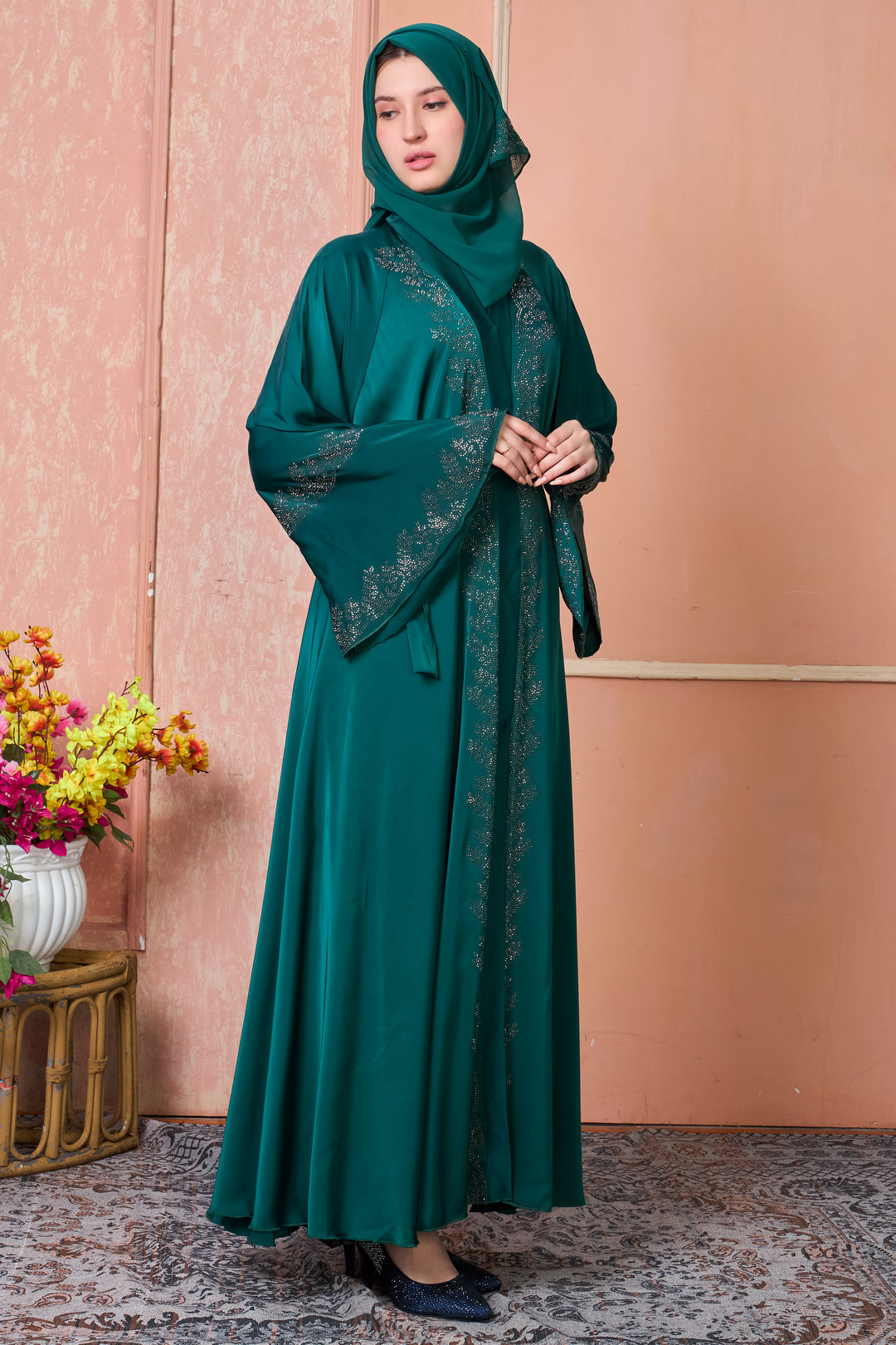 Emerald Green Abaya with Stone Work Meeshum Emerald Green Abaya with Stone Work Meeshum