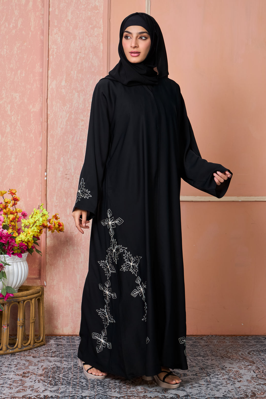 Black Abaya with White Threadwork Floral Embroidery