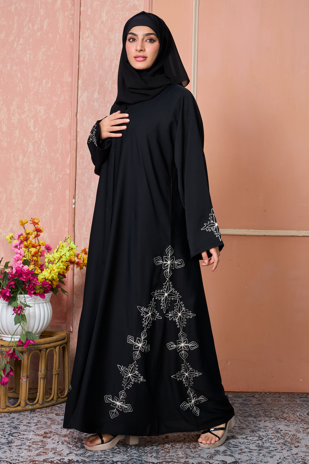 Black Abaya with White Threadwork Floral Embroidery