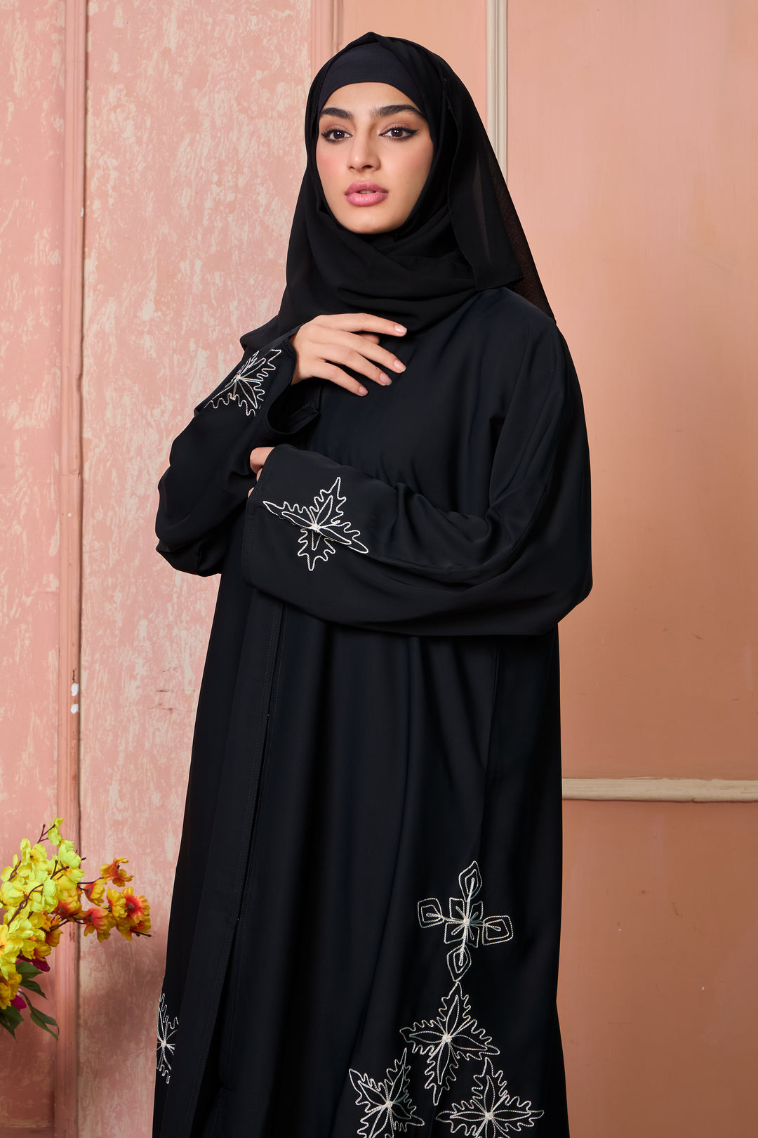 Black Abaya with White Threadwork Floral Embroidery