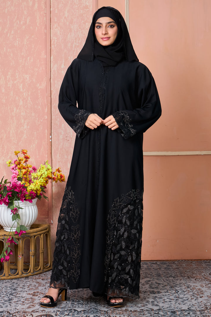Midnight Black Abaya with Sequin Leaf Embroidery and Beaded Cuffs