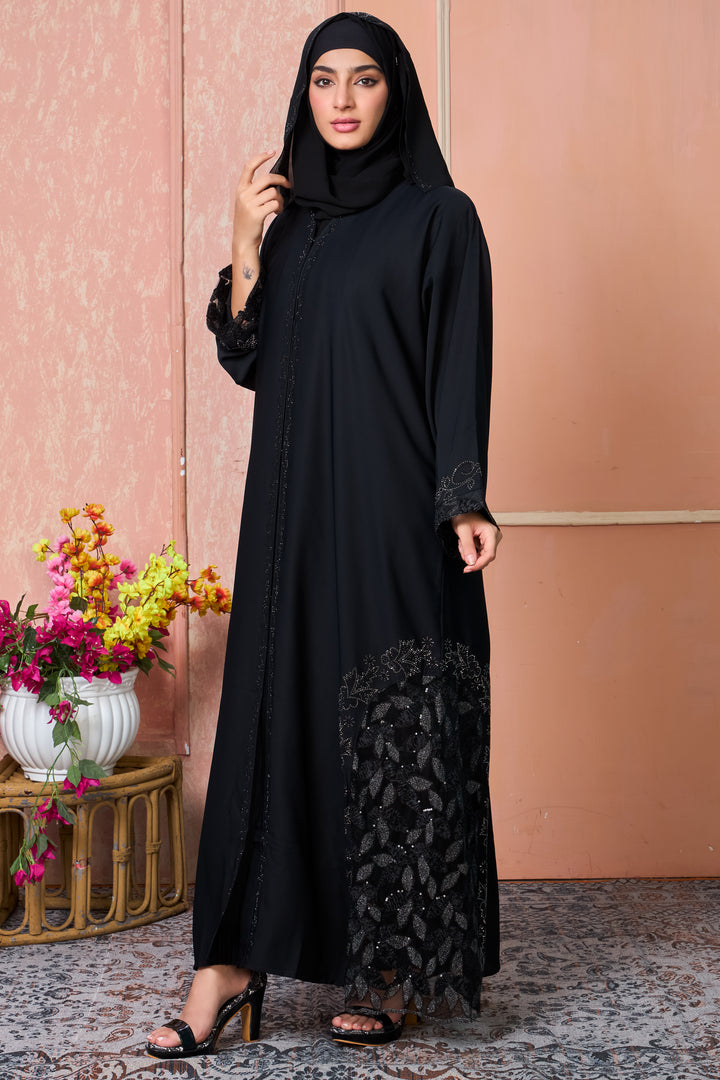 Midnight Black Abaya with Sequin Leaf Embroidery and Beaded Cuffs