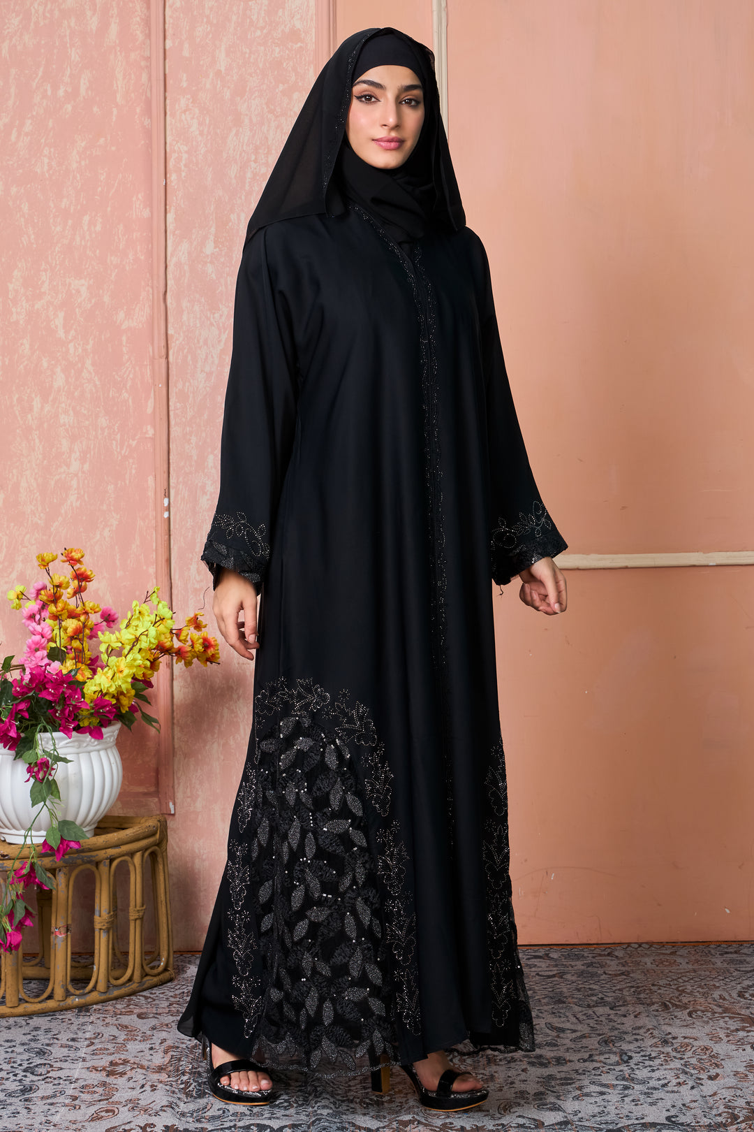 Midnight Black Abaya with Sequin Leaf Embroidery and Beaded Cuffs