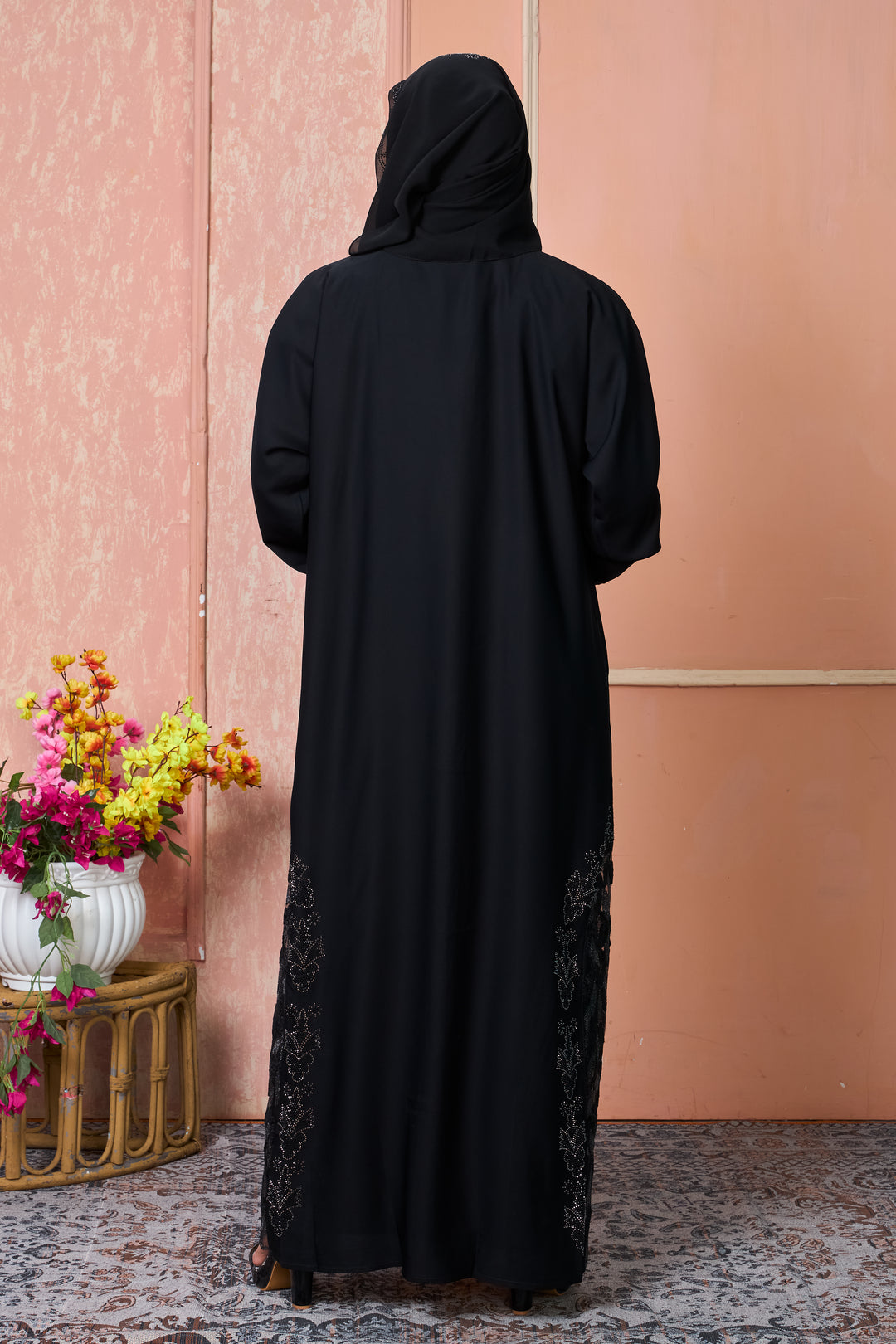Midnight Black Abaya with Sequin Leaf Embroidery and Beaded Cuffs