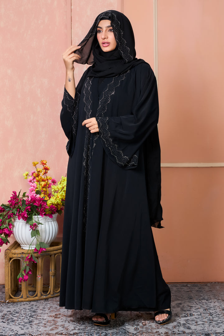 Classic Black Abaya with Silver Stone Work