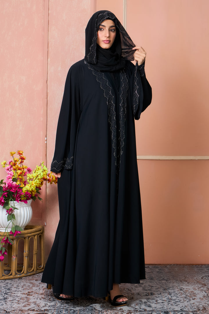 Classic Black Abaya with Silver Stone Work