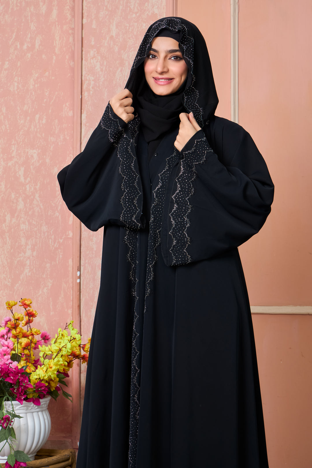 Classic Black Abaya with Silver Stone Work