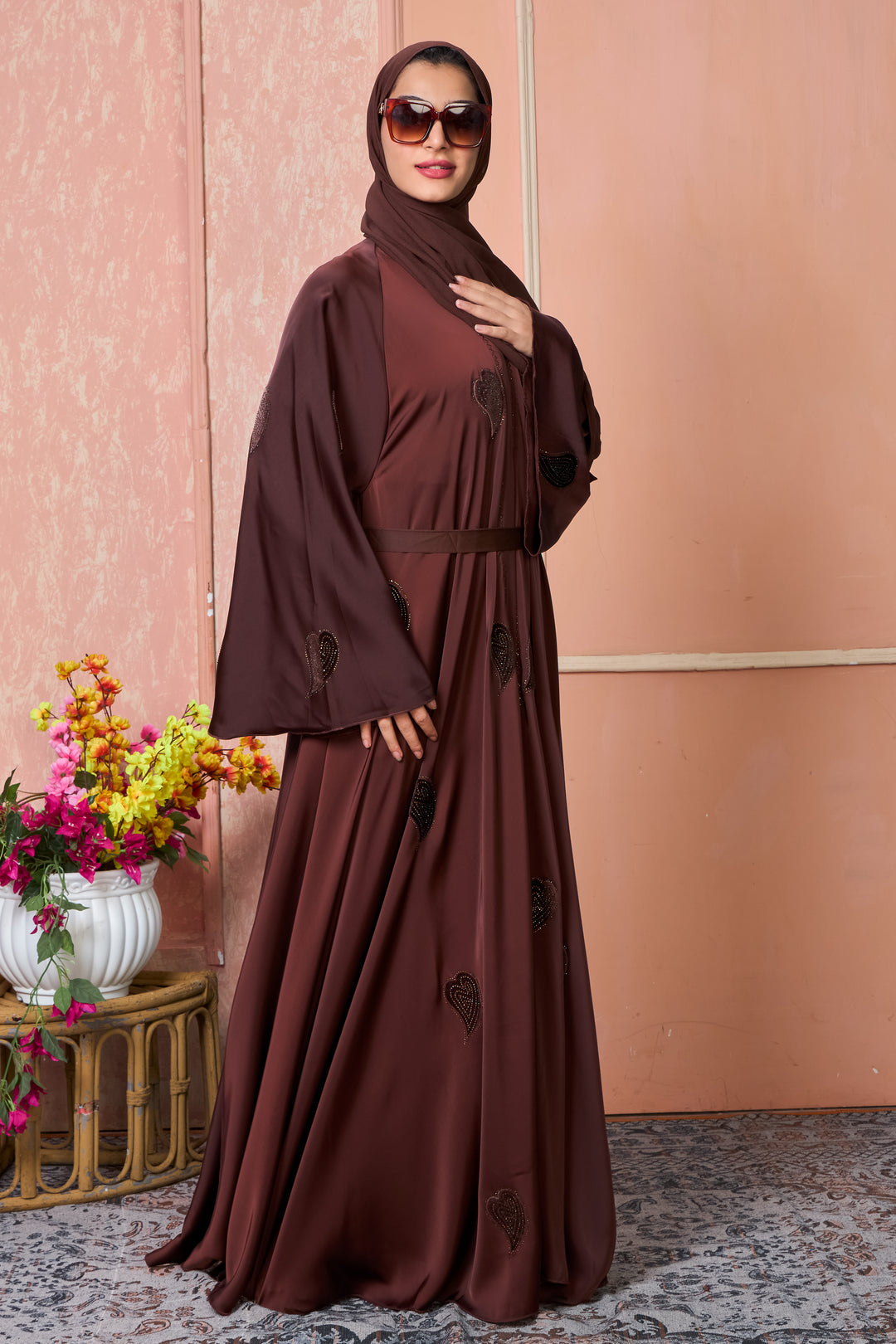 Chocolate Brown Abaya with Heart-Shaped Stone Work