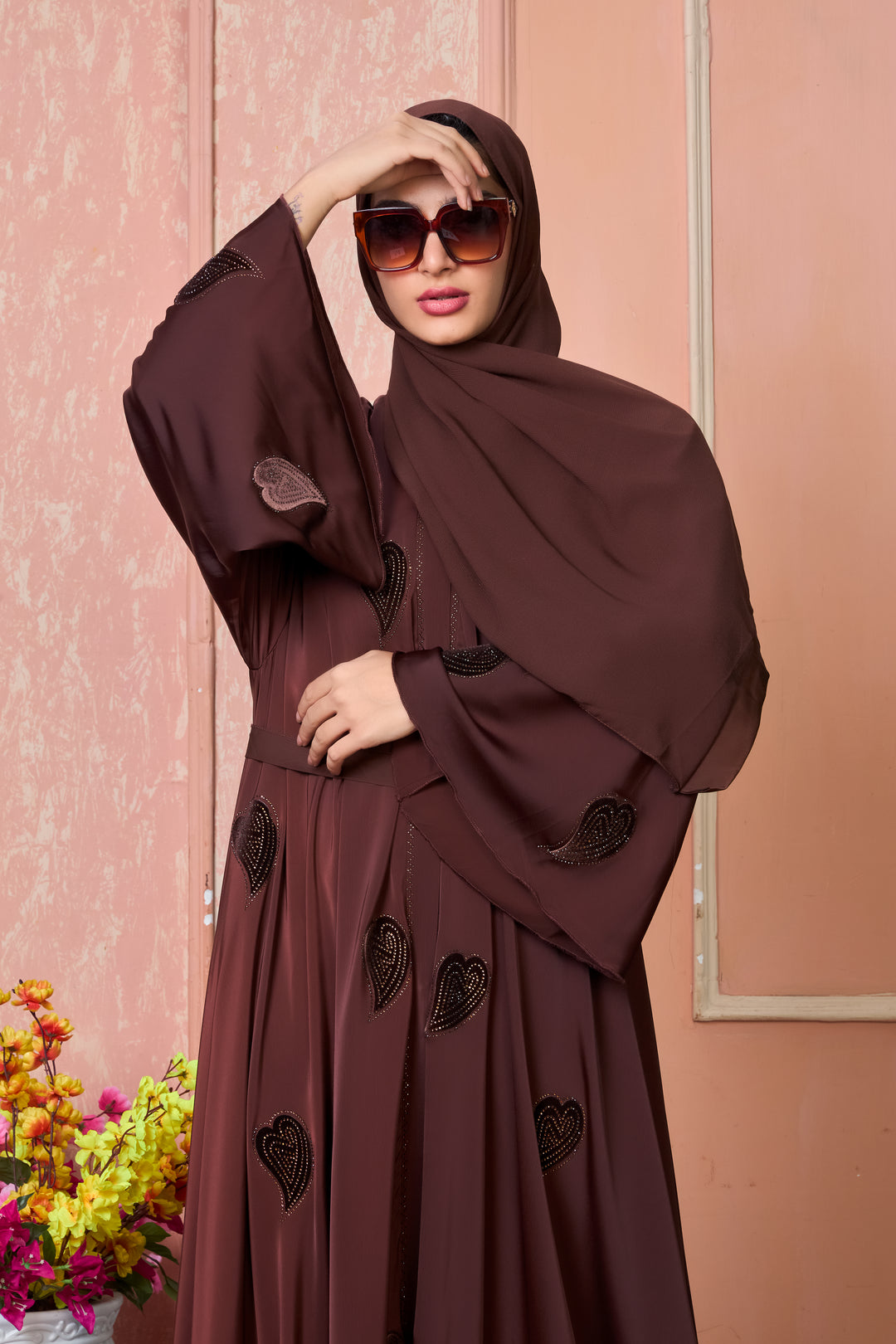 Chocolate Brown Abaya with Heart-Shaped Stone Work